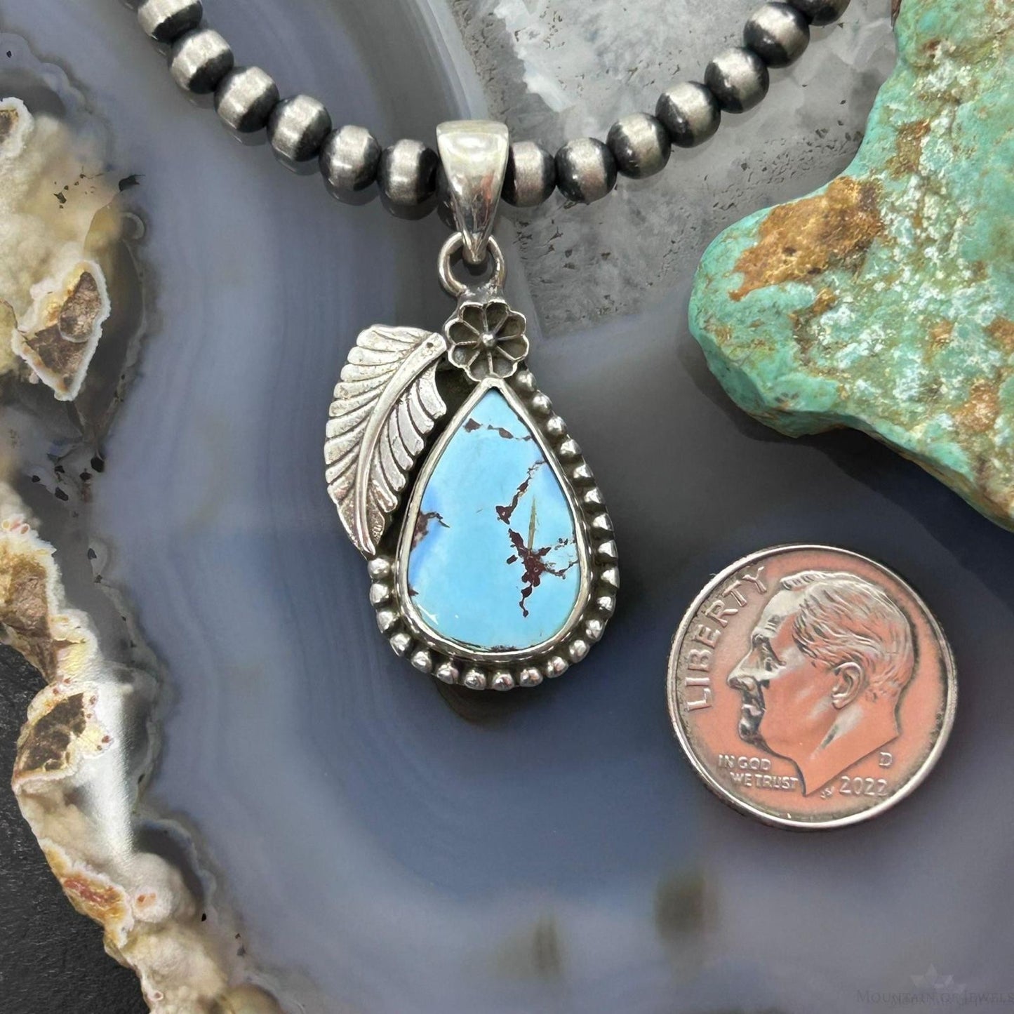 Sterling Silver Southwestern Style Teardrop Golden Hill Turquoise Leaves Pendant For Women #2