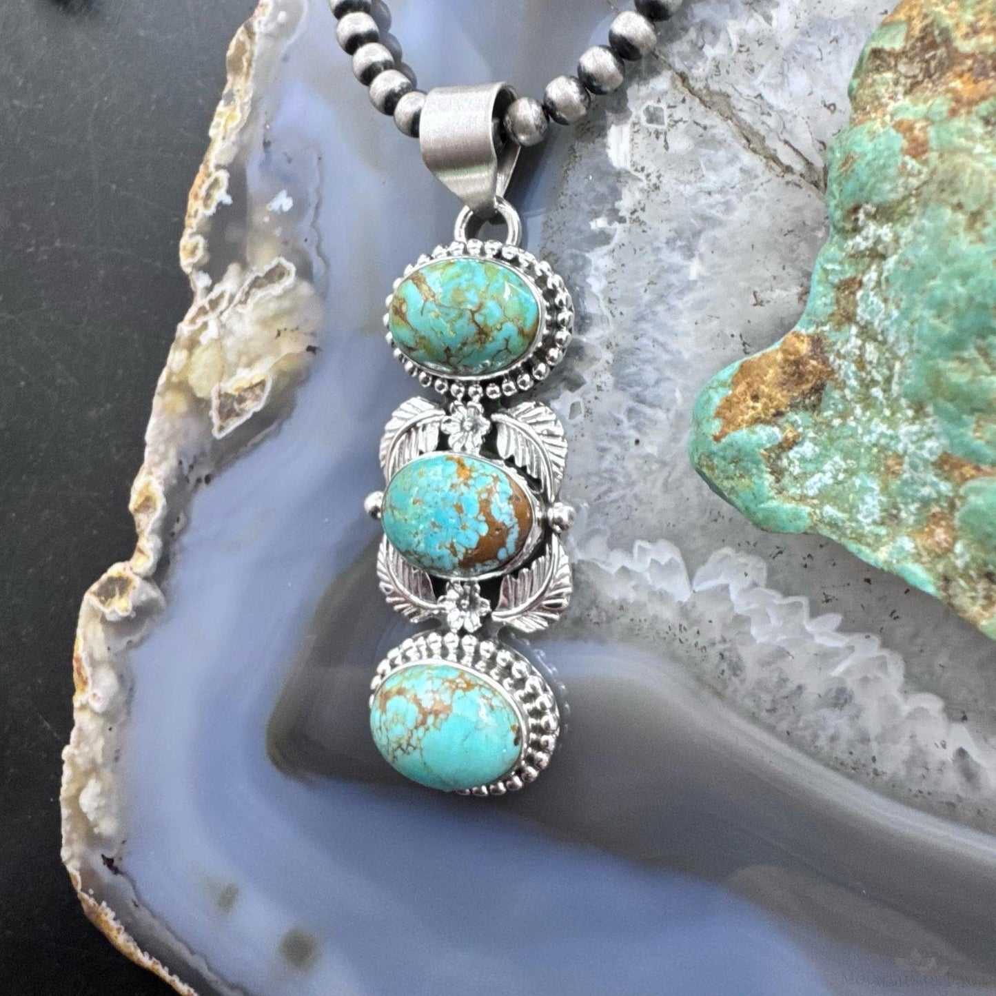 Sterling Silver Southwestern Style 3 Oval Turquoise Decorated Pendant For Women