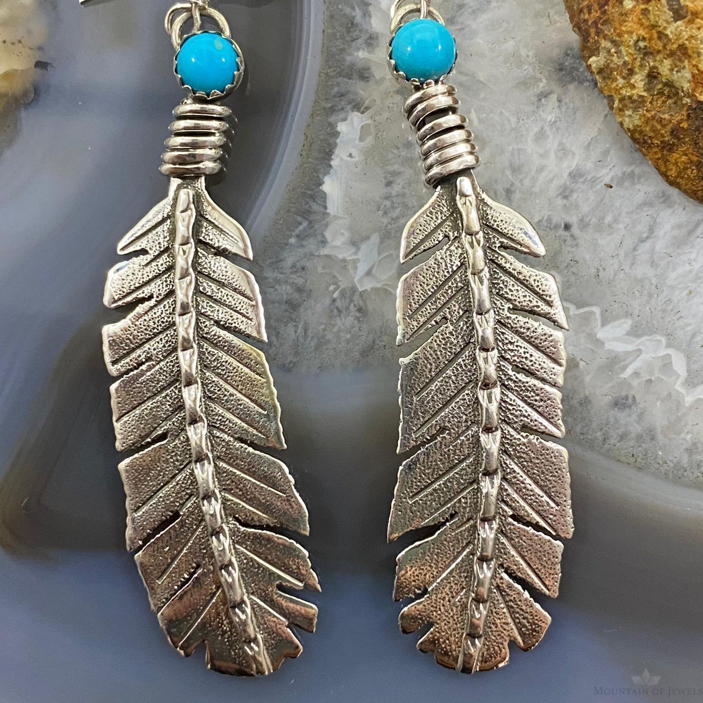 Brad Panteah Native American Sterling Long Feather w/Turquoise Dangle Earrings