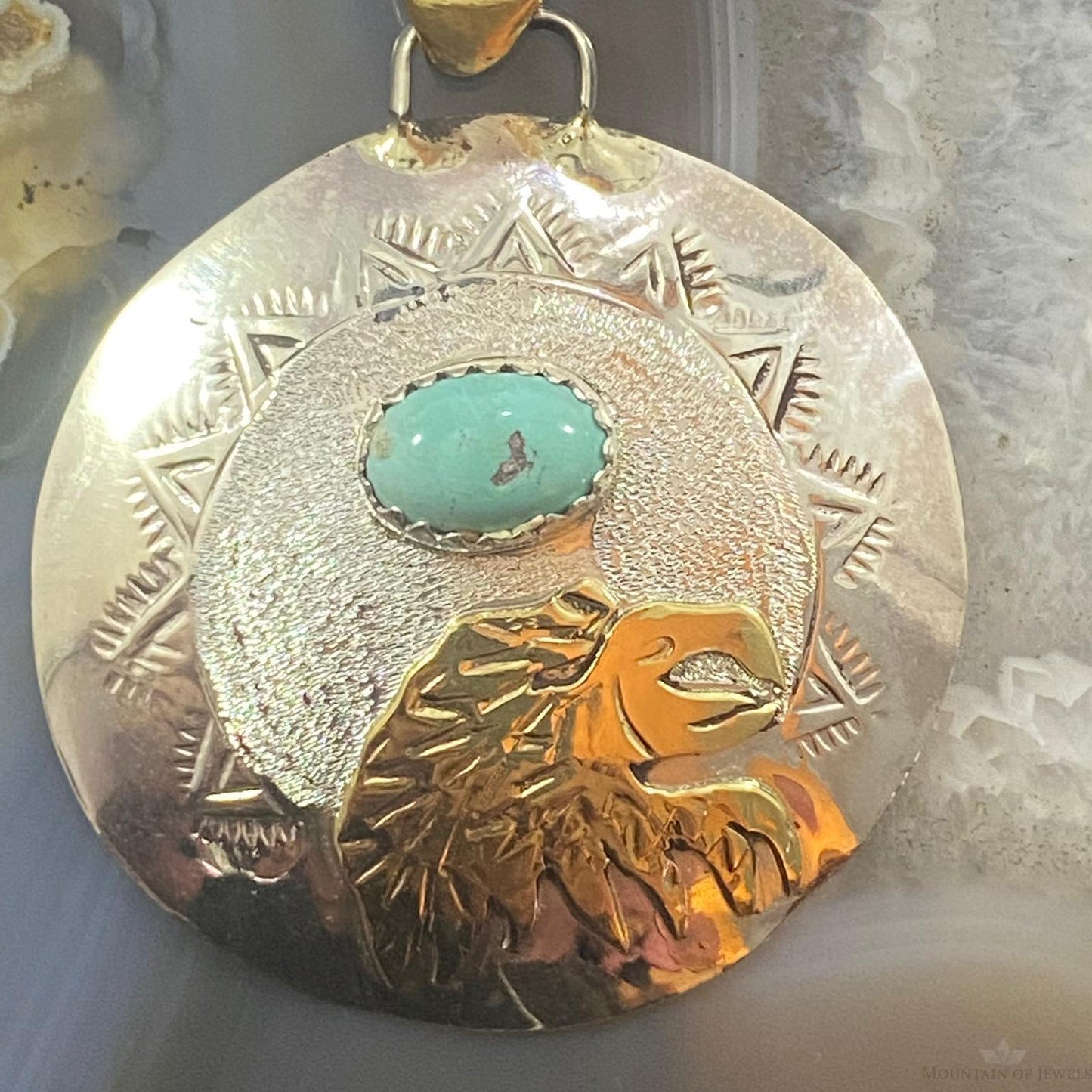 Native American Sterling Silver, GF Eagle Oval Turquoise Pendant For Women