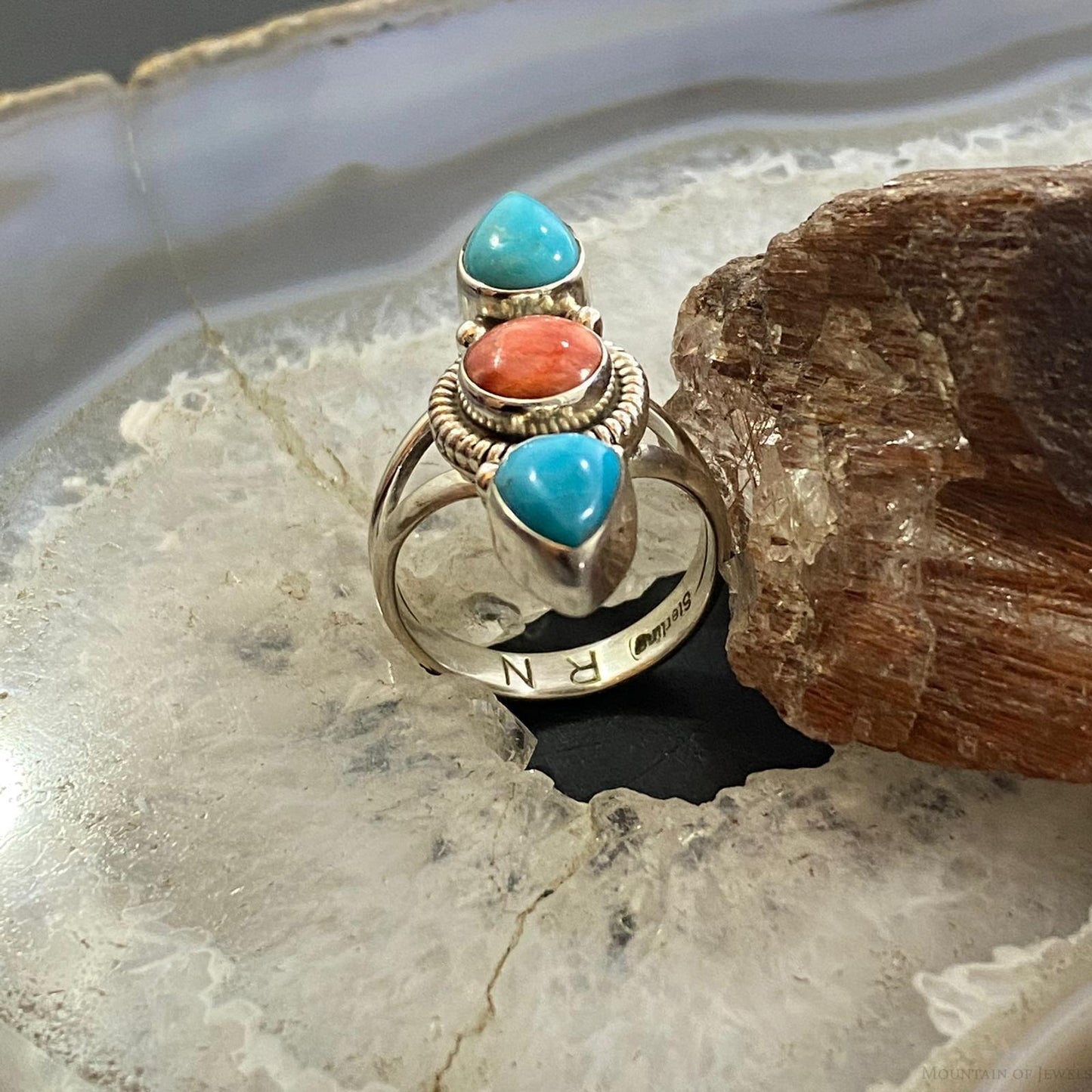Native American Sterling Round Spiny Oyster Teardrop Kingman Turquoise Size 8.5