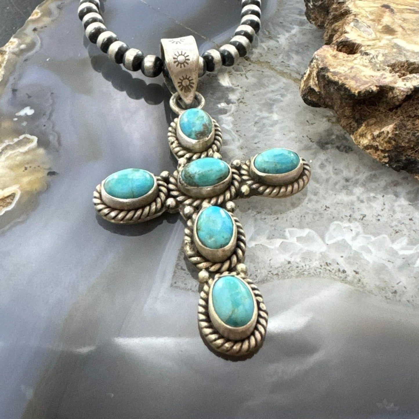 Sterling Silver Southwestern Style 6 Oval Turquoise Decorated Unisex Cross Pendant