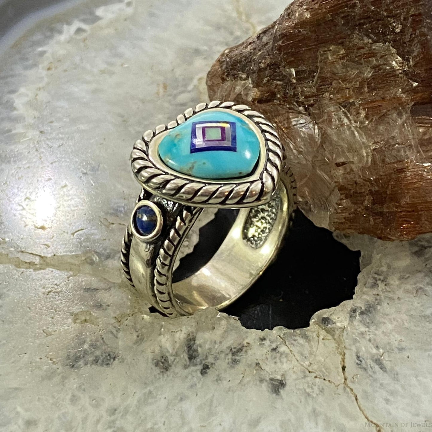 Carolyn Pollack Sterling Silver Turquoise Heart w/Inlay Decorated Ring Size 6, 8