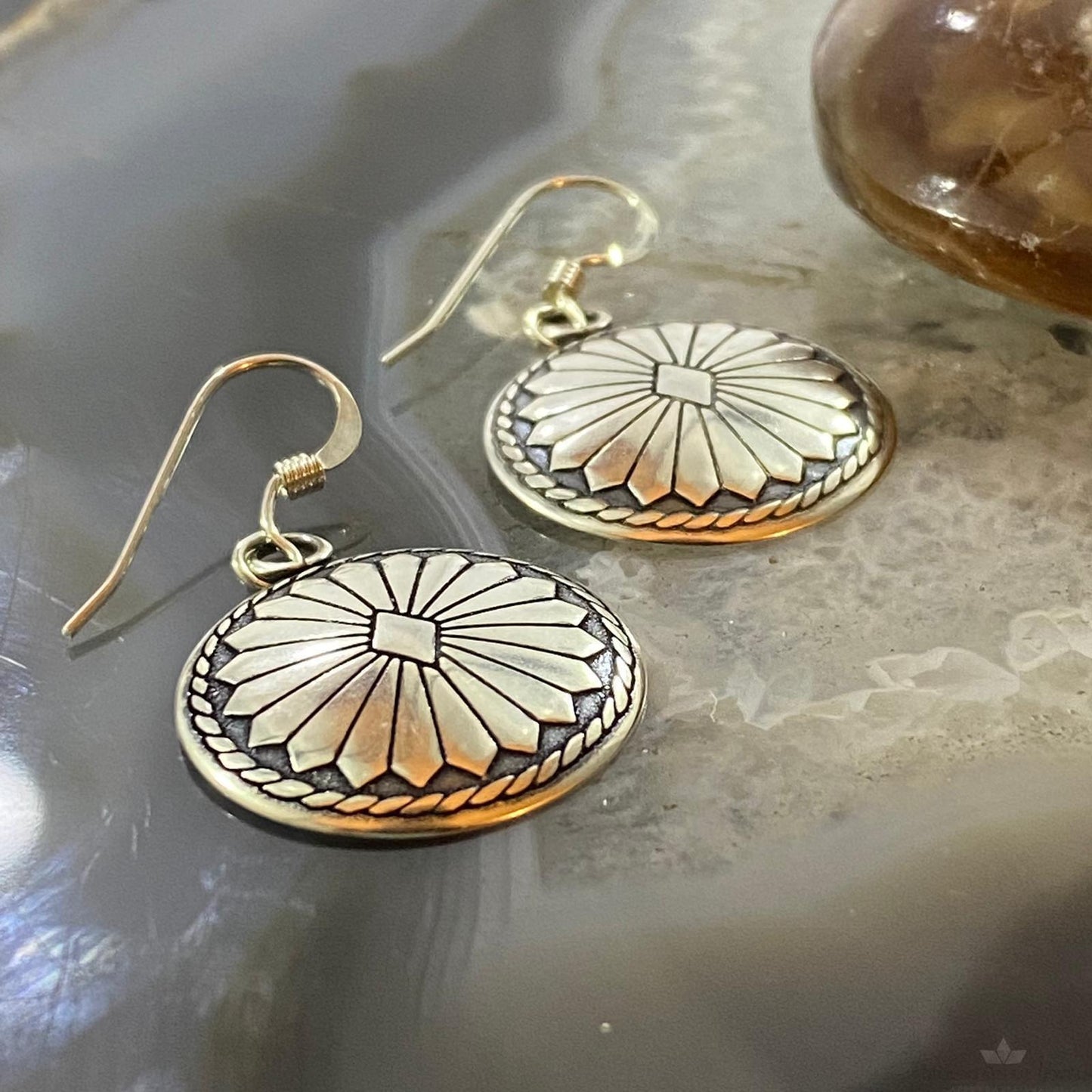 Native American Sterling Round Decorated Stamped Dangle Earrings For Women
