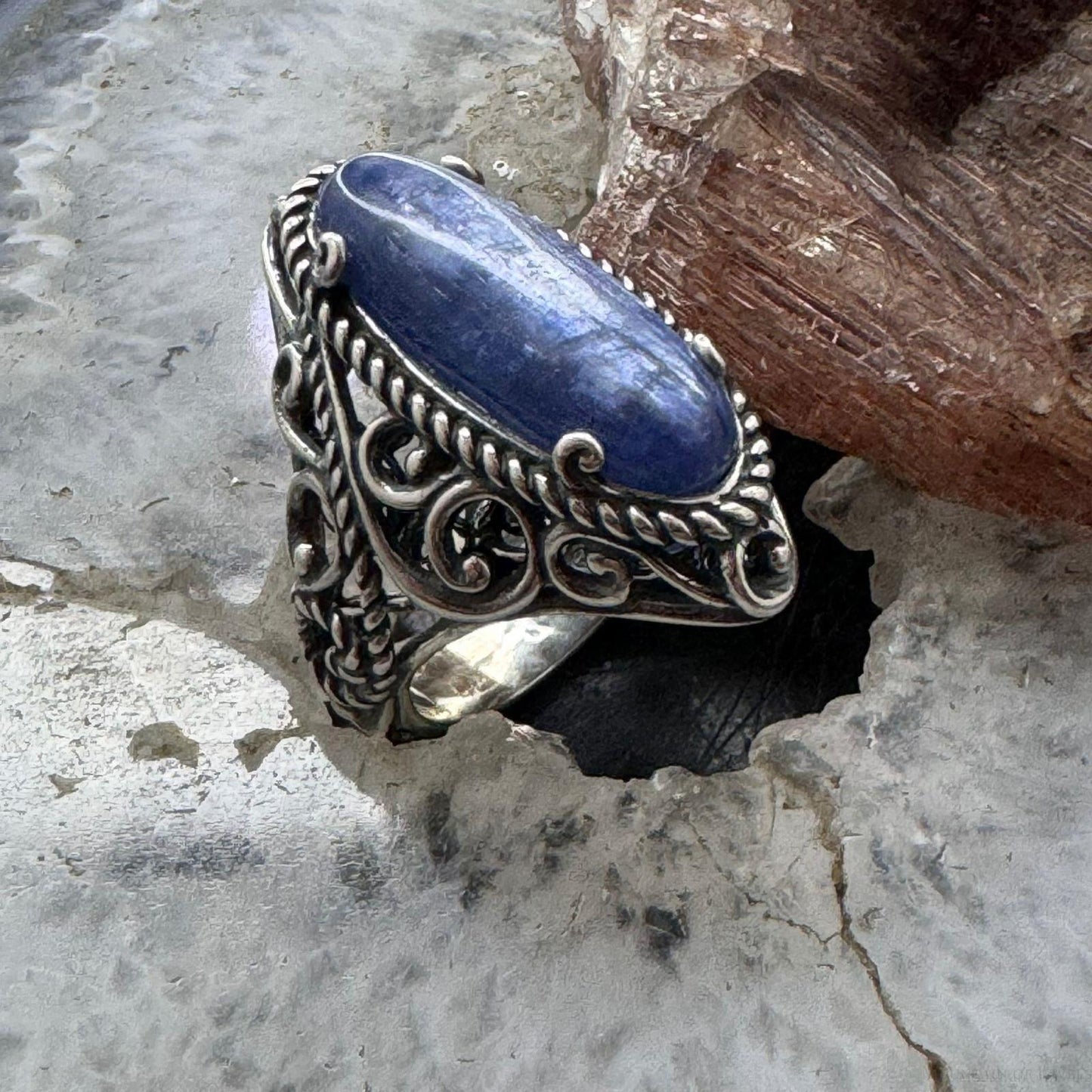 Carolyn Pollack Sterling Silver Elongated Oval Blue Quartz Decorated Ring Variety of Sizes
