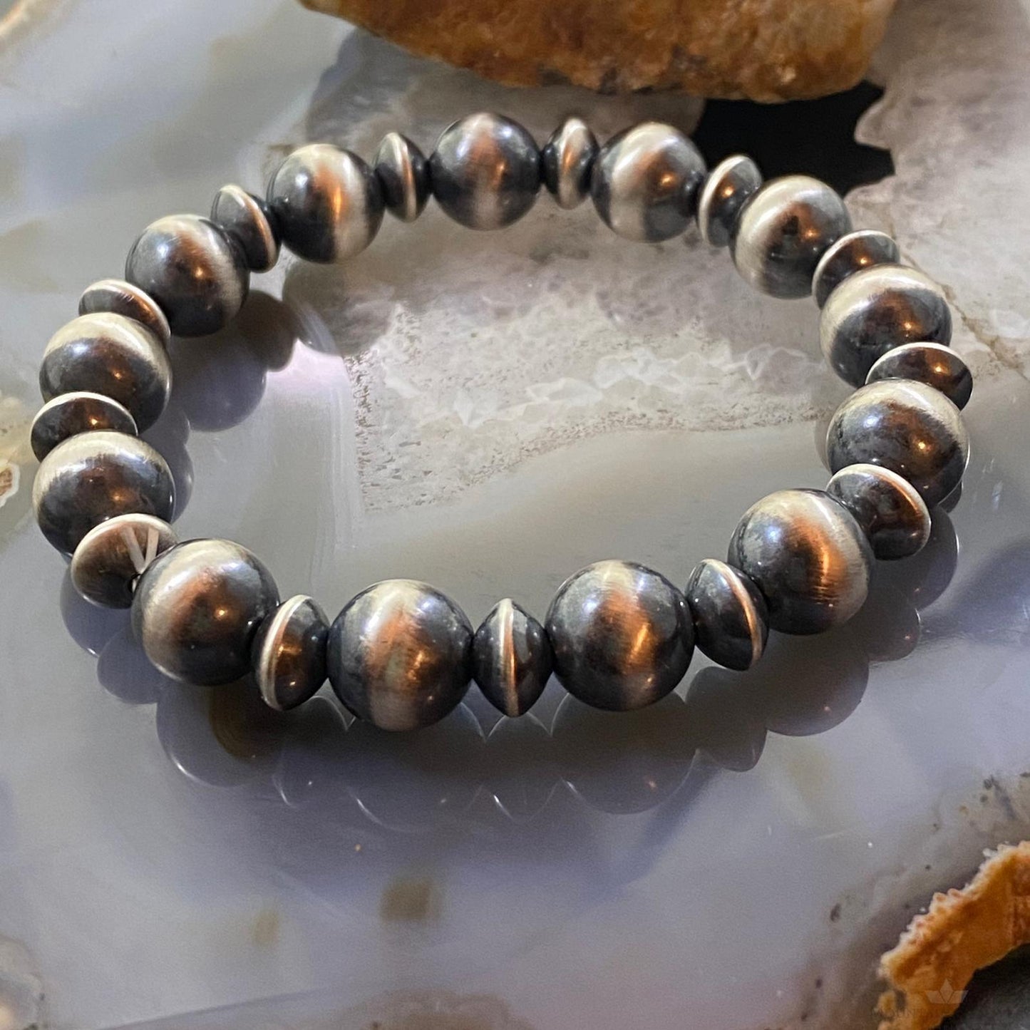 Navajo Pearl Beads and Saucers Alternate Beads Sterling 6"-7" Stretch Bangle