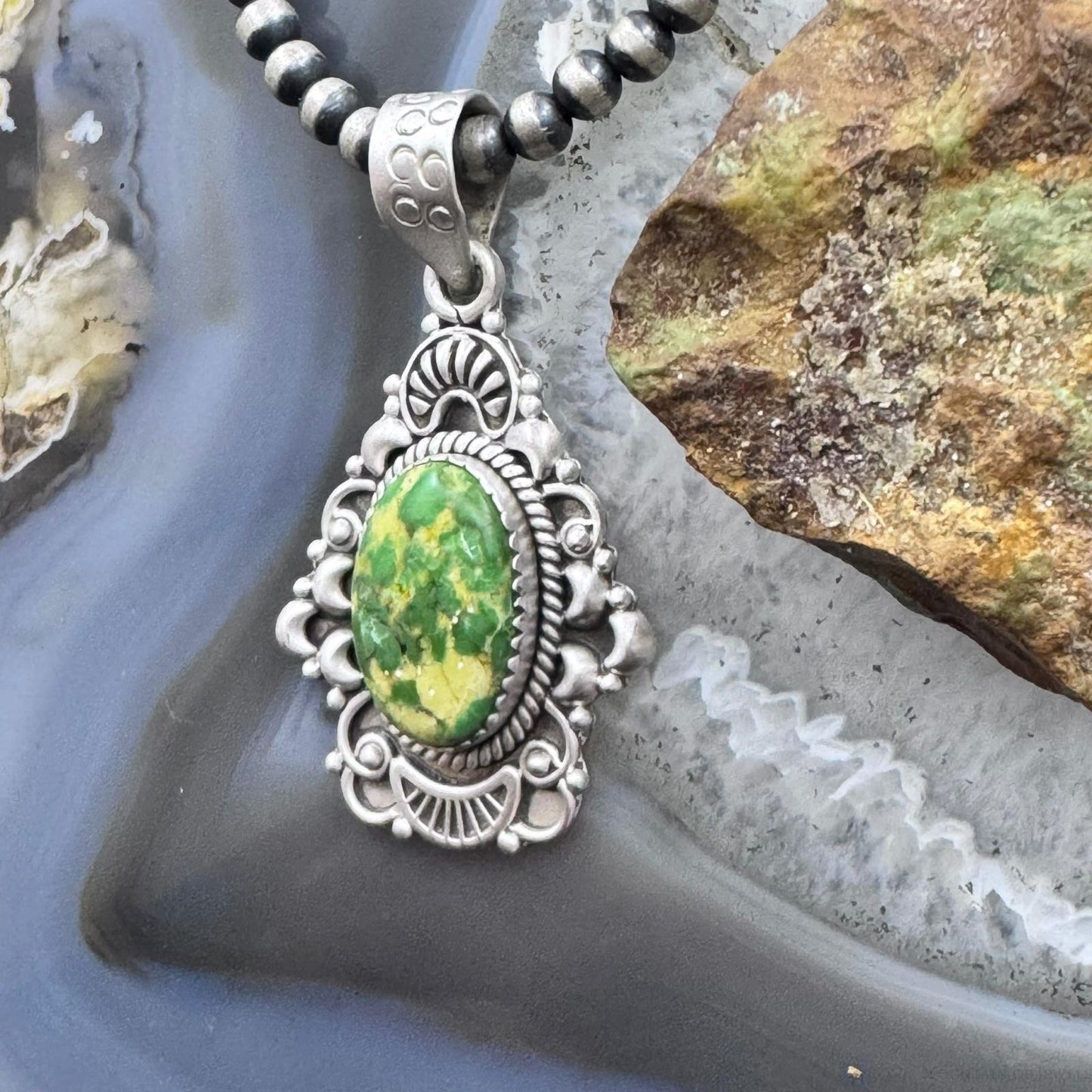 Sterling Silver Southwestern Style Oval Sonora Gold Turquoise Decorated Pendant For Women