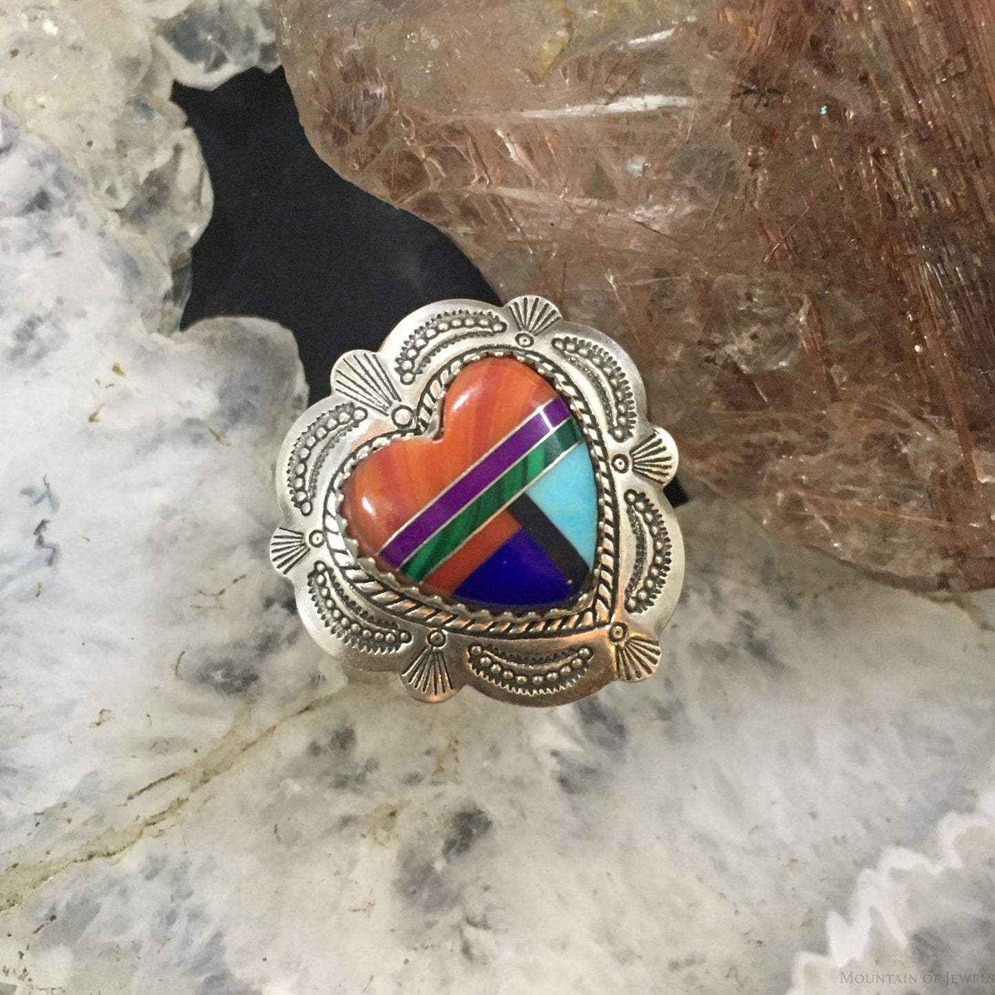 Carolyn Pollack Southwestern Style Sterling Silver Multi-gemstone Zuni Style Inlay Heart Ring For Women