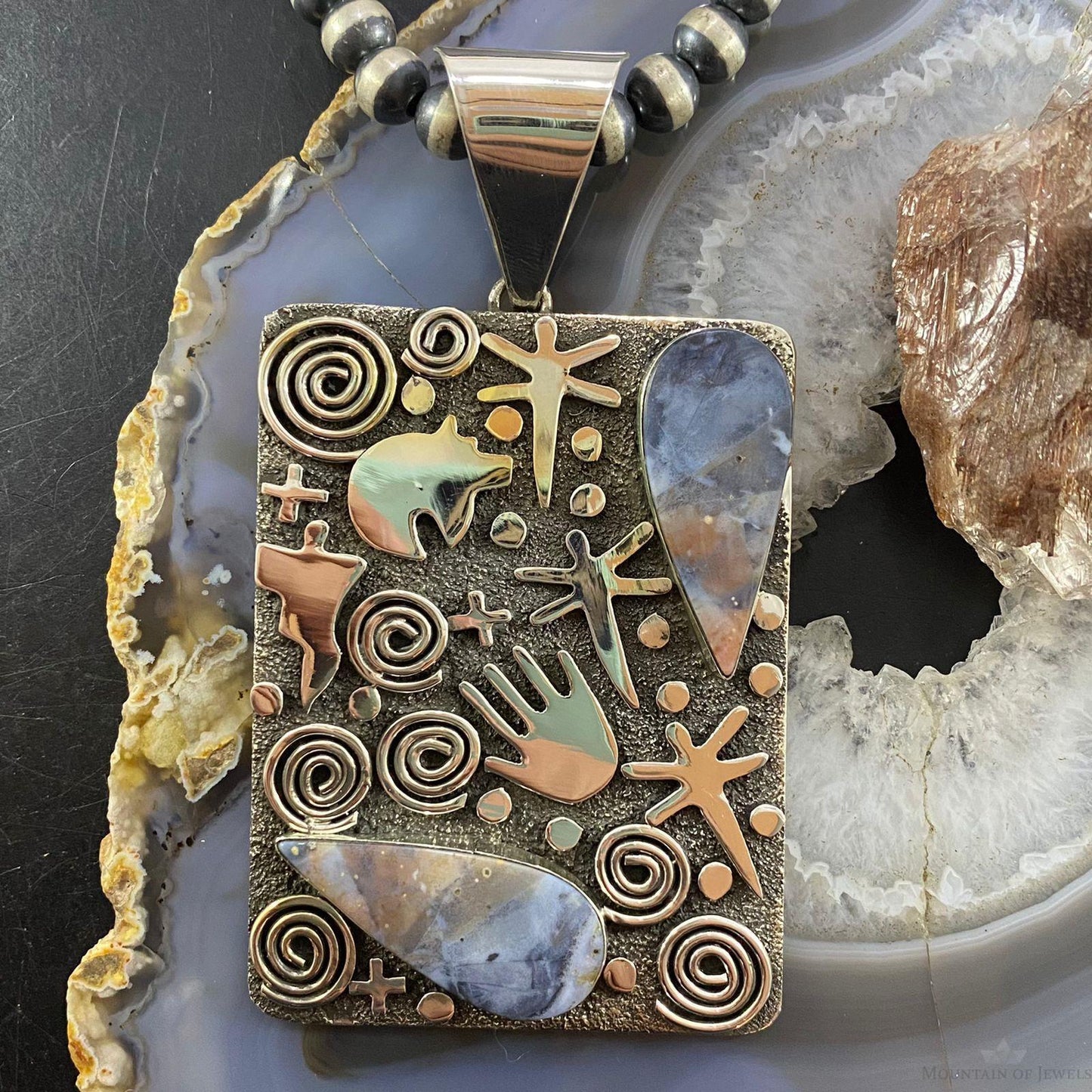 Alex Sanchez Sterling Silver Teardrop Purple Agate Rectangle Petroglyph Pendant