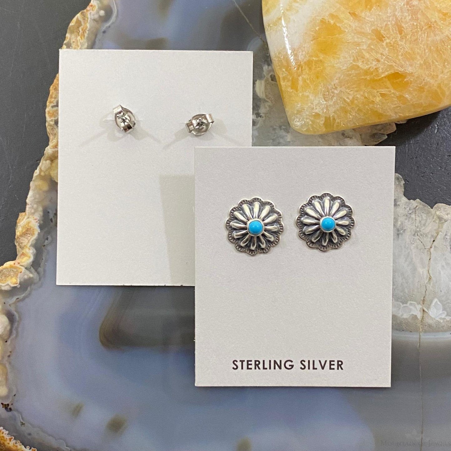Sterling Silver Repousse Concho with Turquoise Stud Earrings For Women (1 Pair)