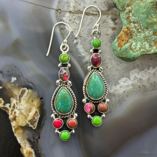 Sterling Silver Southwestern Style Multistone Dangle Earrings For Women