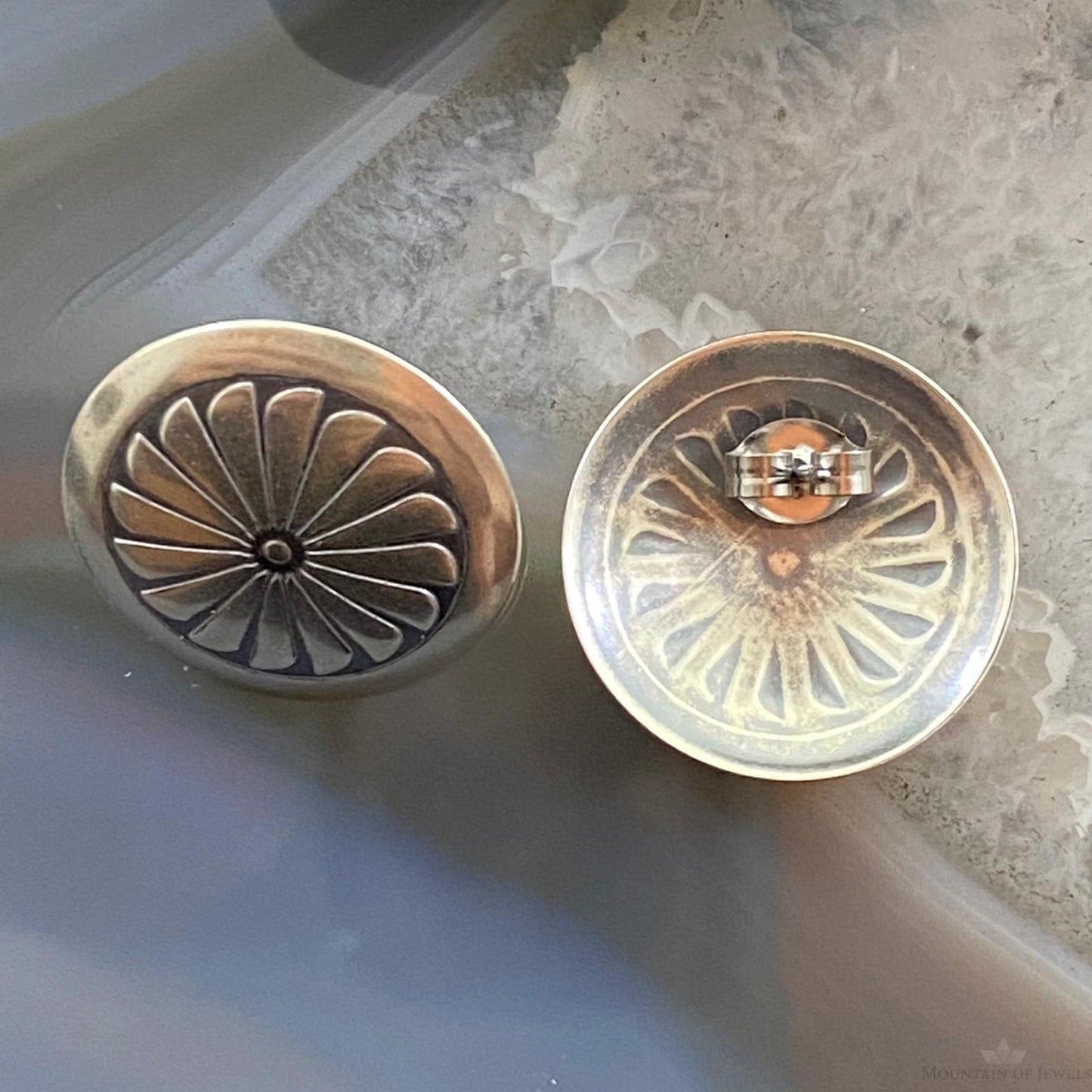 Native American Sterling Silver Round Stamped Concho Stud Earrings For Women #2
