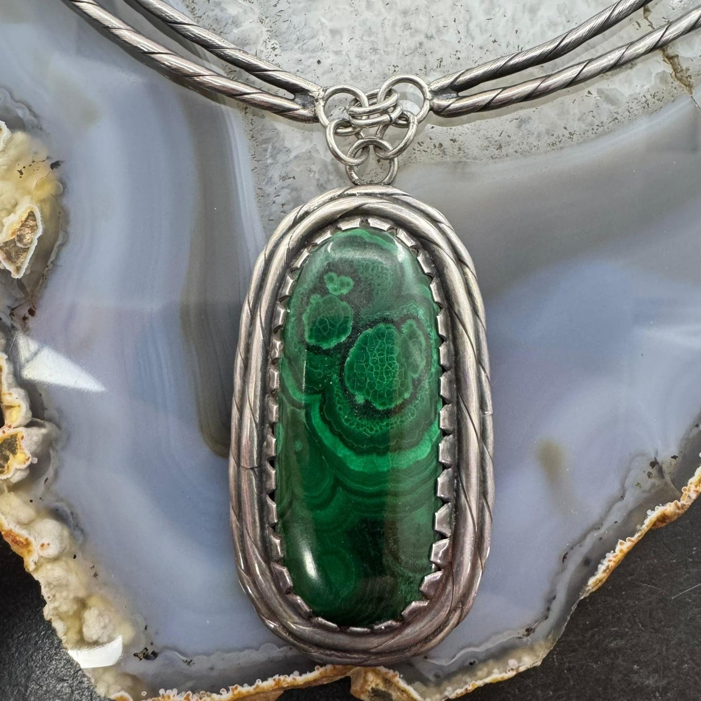 Vintage Silver Southwestern Style Large Oval Malachite Set In Double Wire Choker For Women