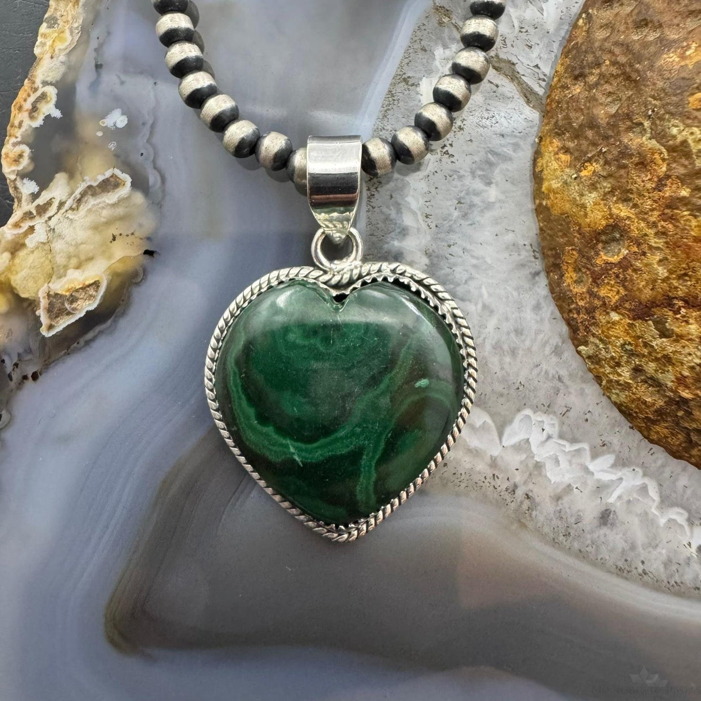 Sterling Silver Southwestern Style Malachite Heart Shape Pendant For Women
