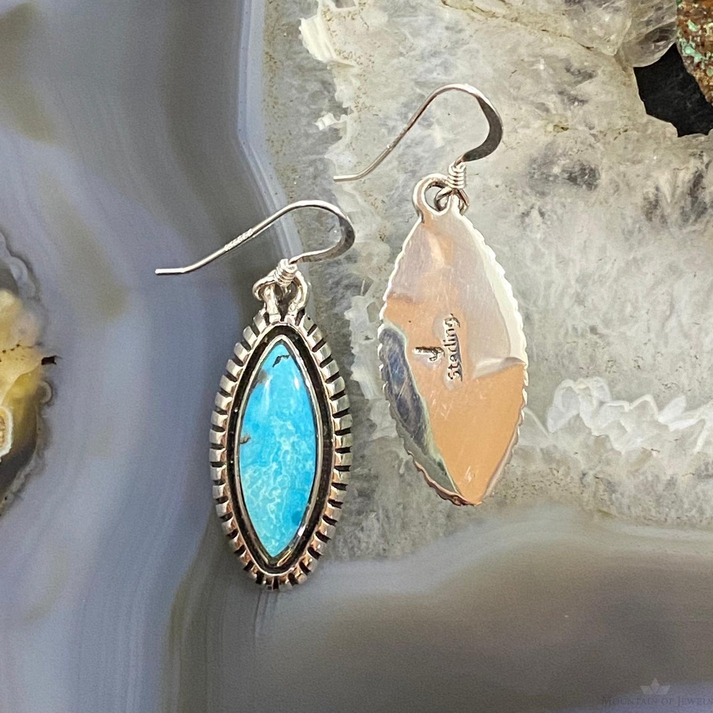 Native American Sterling Silver Marquise Blue Ridge Turquoise Dangle Earrings For Women #2
