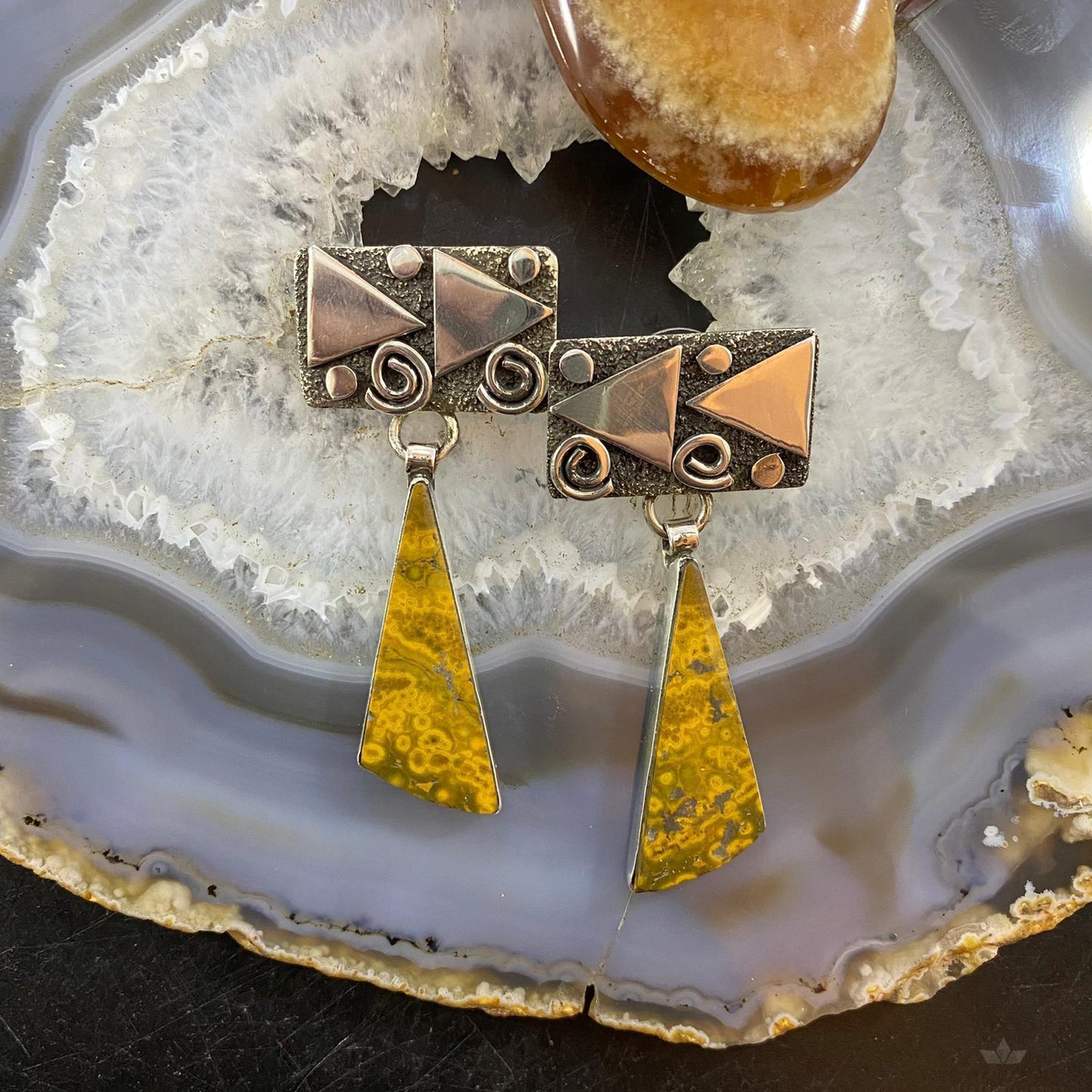 Alex Sanchez Native American Sterling Silver River Jasper Petroglyph Dangle Earrings For Women