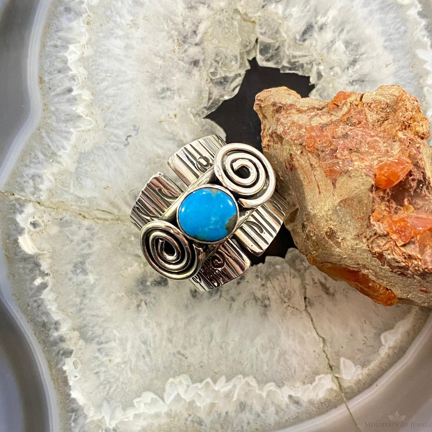 Alex Sanchez Sterling Silver Turquoise Petroglyph Band Ring Size 8.75 For Women