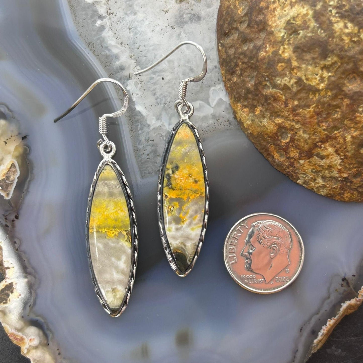 Sterling Silver Southwestern Style Marquise Yellow Jasper Dangle Earrings For Women