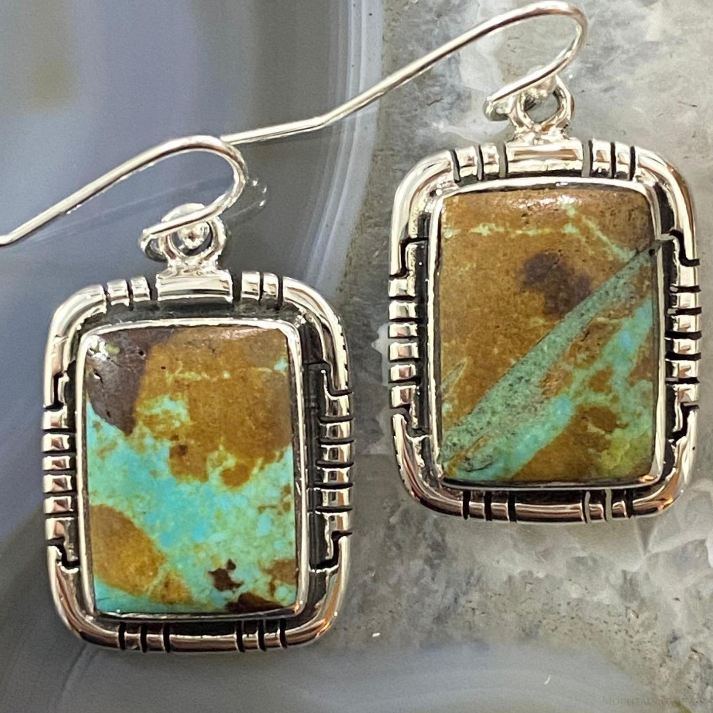 Native American Sterling Silver Boulder Ribbon Turquoise Bar Dangle Earrings For Women