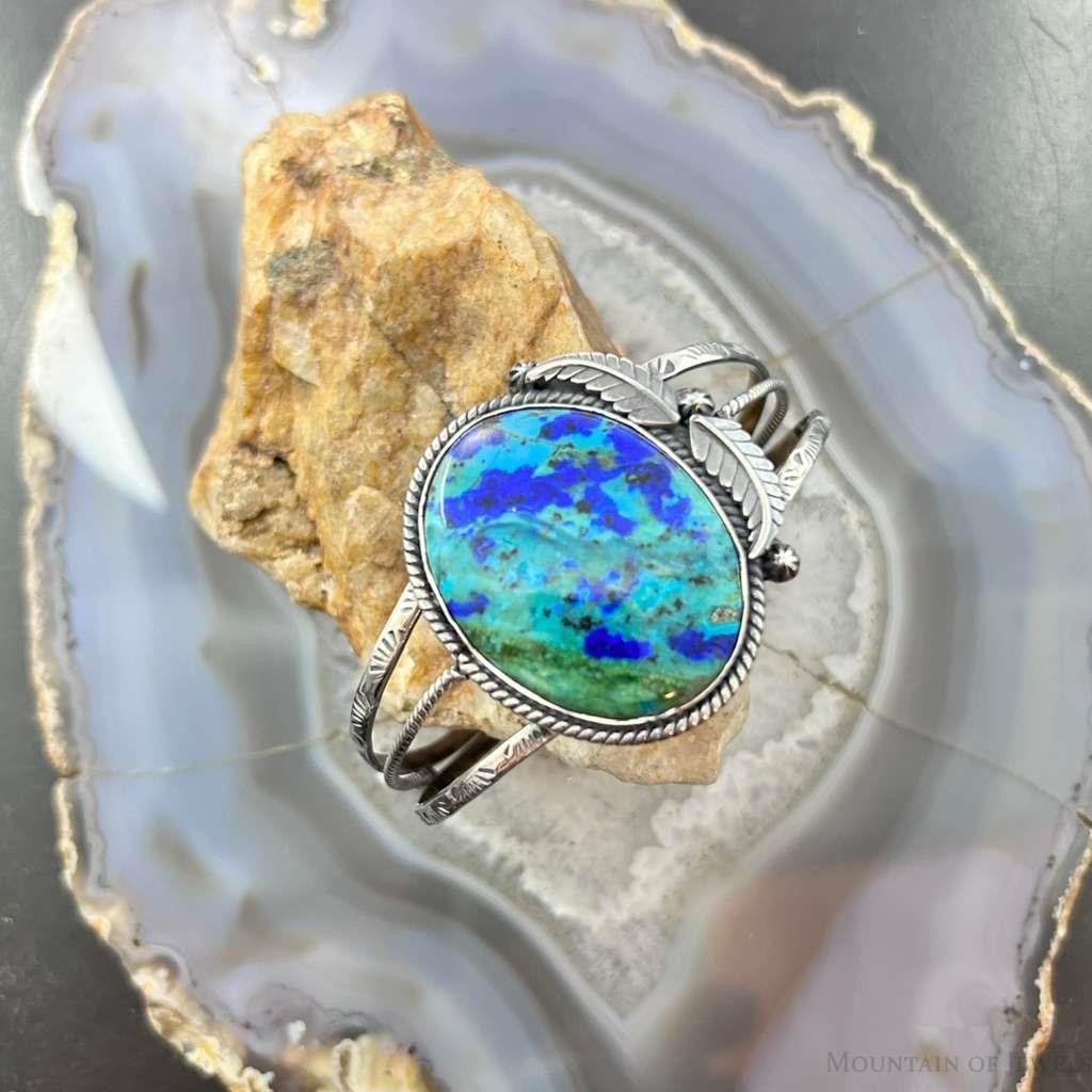 Sterling Silver Southwestern Style Large Oval Azurite Decorated Bracelet For Women