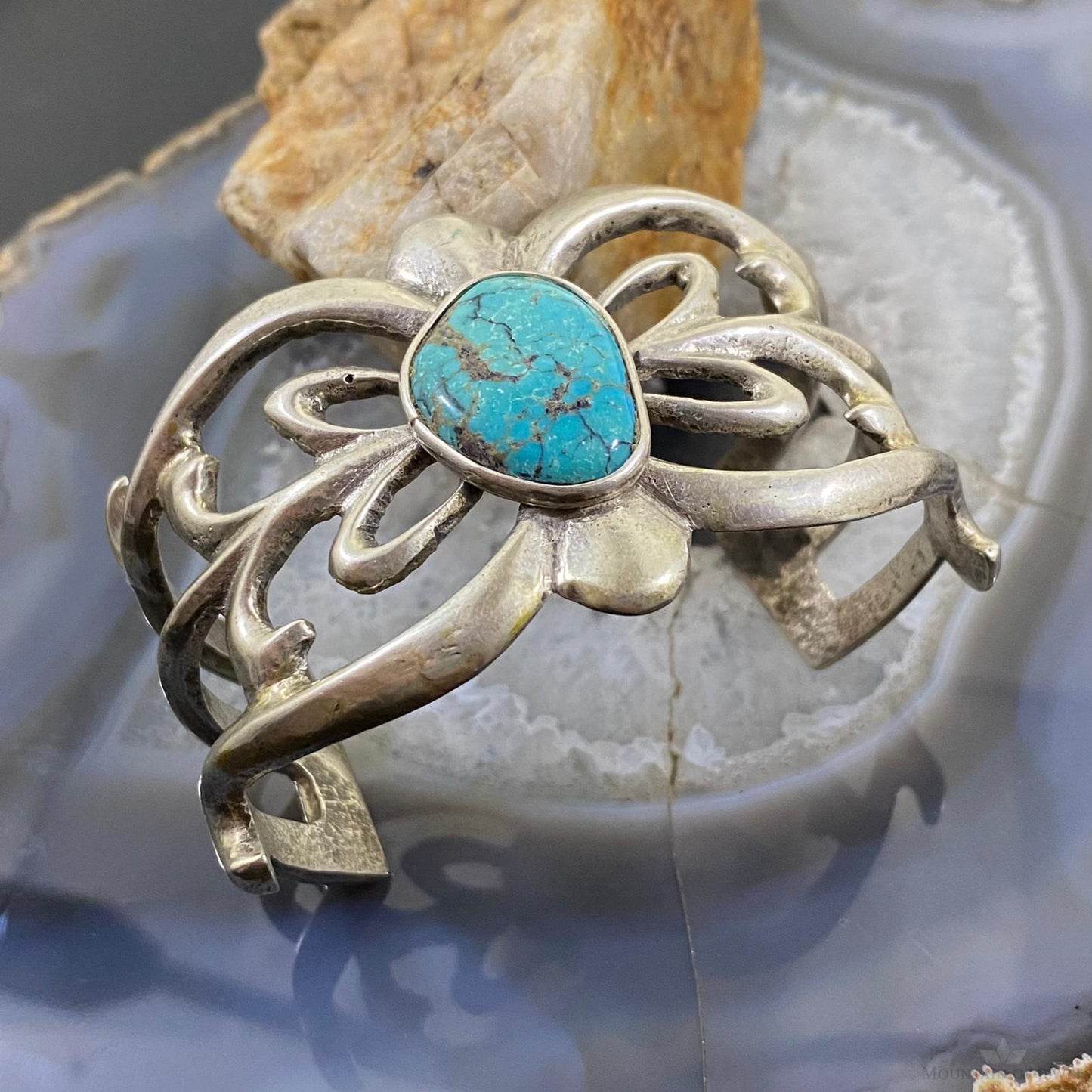 Vintage Native American Silver Turquoise Sandcast Bracelet For Women
