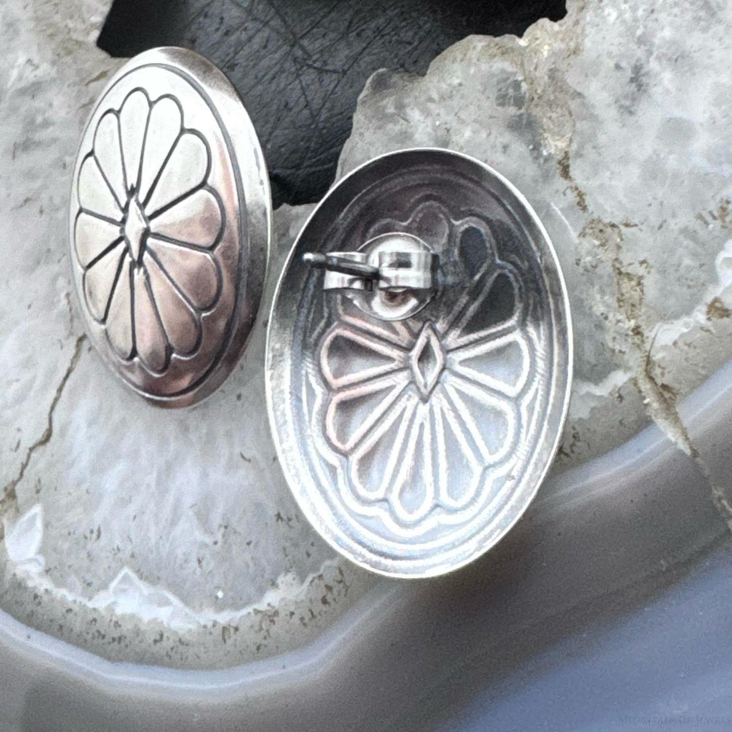 Native American Sterling Silver Round Stamped Oval Concho Stud Earrings For Women