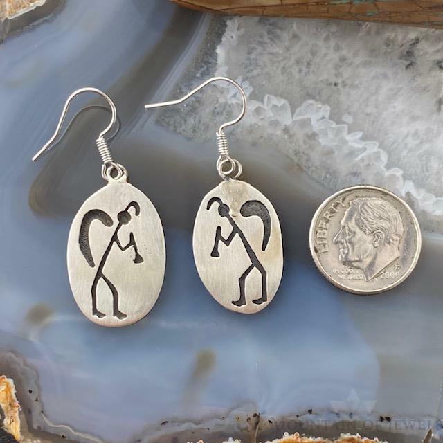Native American Silver Oval Kokopelli Illustration Dangle Earrings