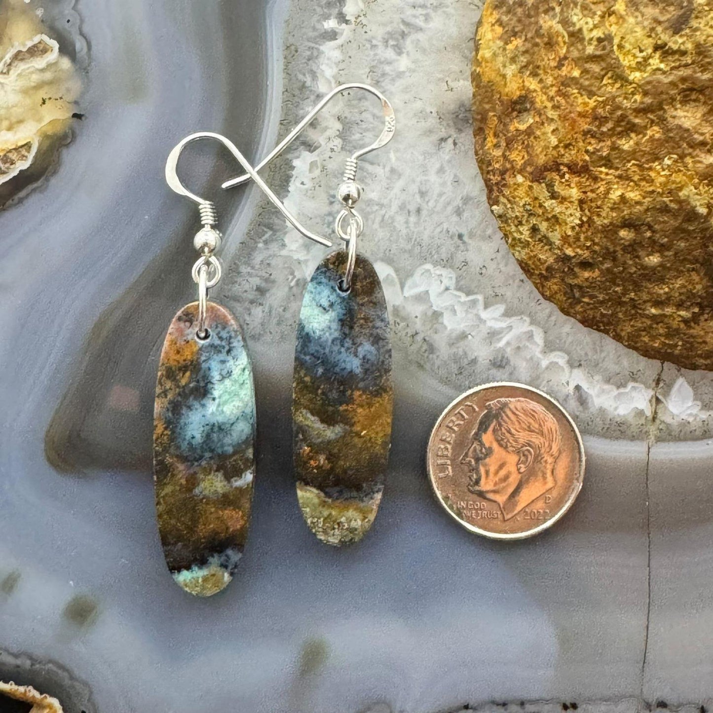Sterling Silver Elongated Oval Chrysocolla Slab Dangle Earrings For Women #354