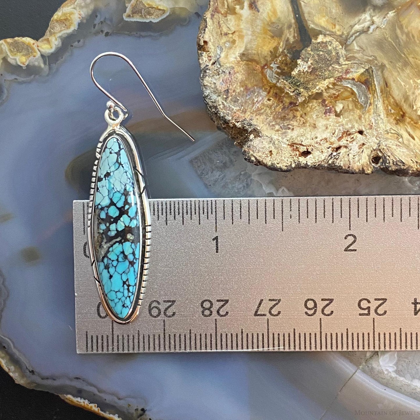 Native American Sterling Silver Marquise Chinese Turquoise Dangle Earrings
