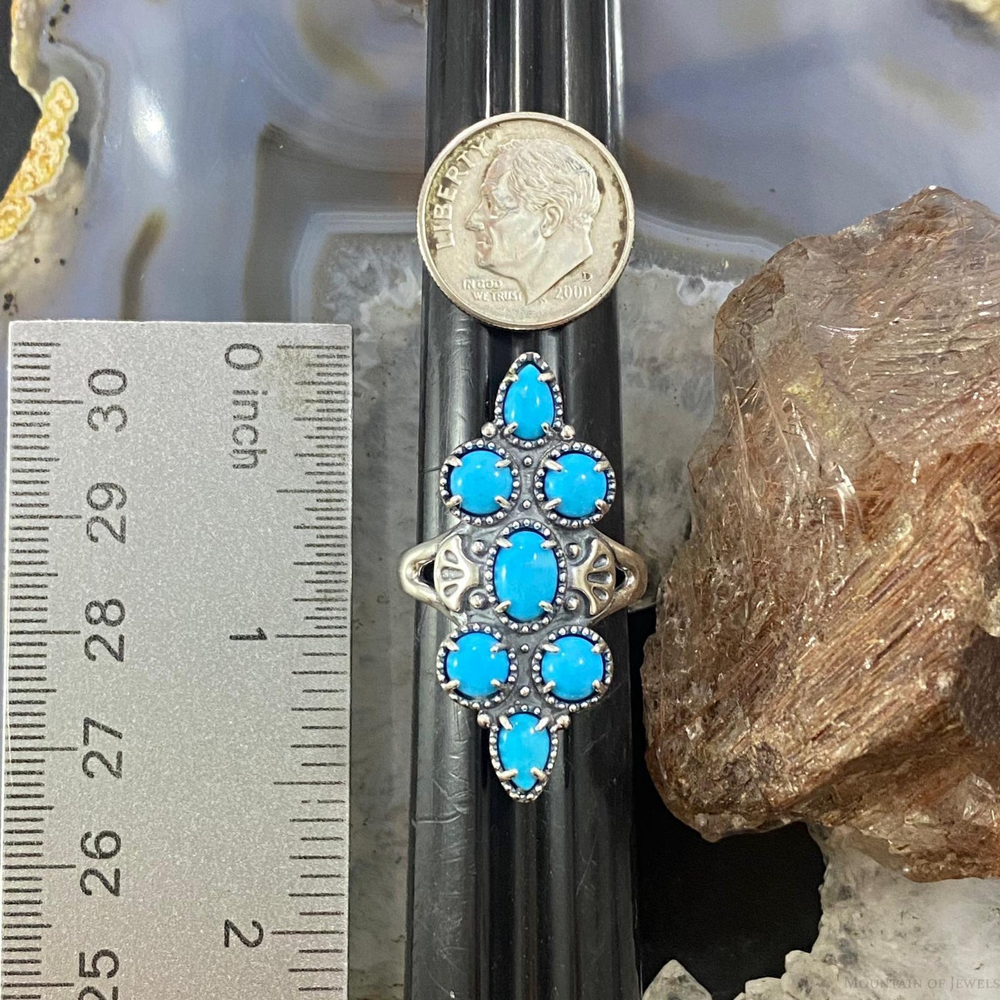 Carolyn Pollack Southwestern Style Sterling Silver Sleeping Beauty Turquoise Decorated Cluster Ring For Women