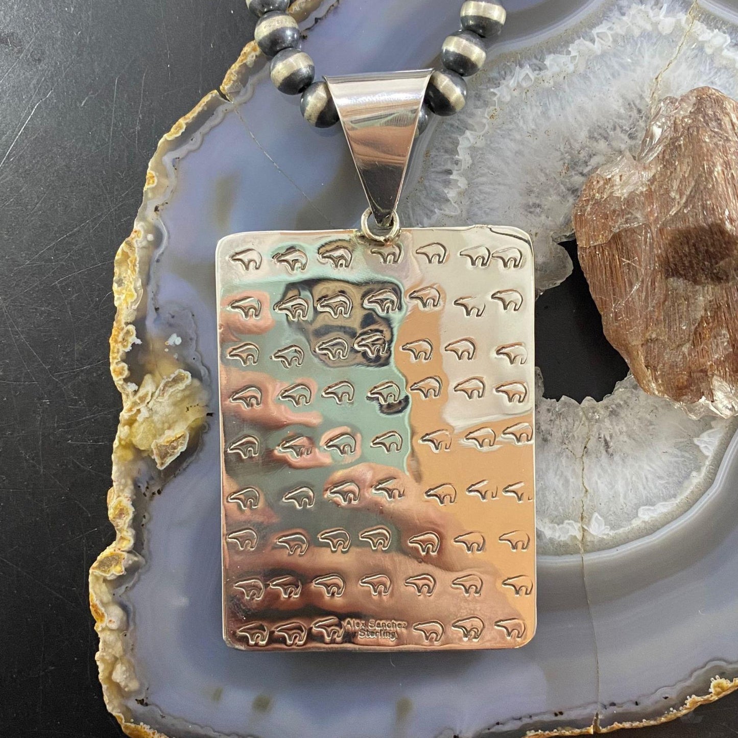 Alex Sanchez Sterling Silver Teardrop Purple Agate Rectangle Petroglyph Pendant