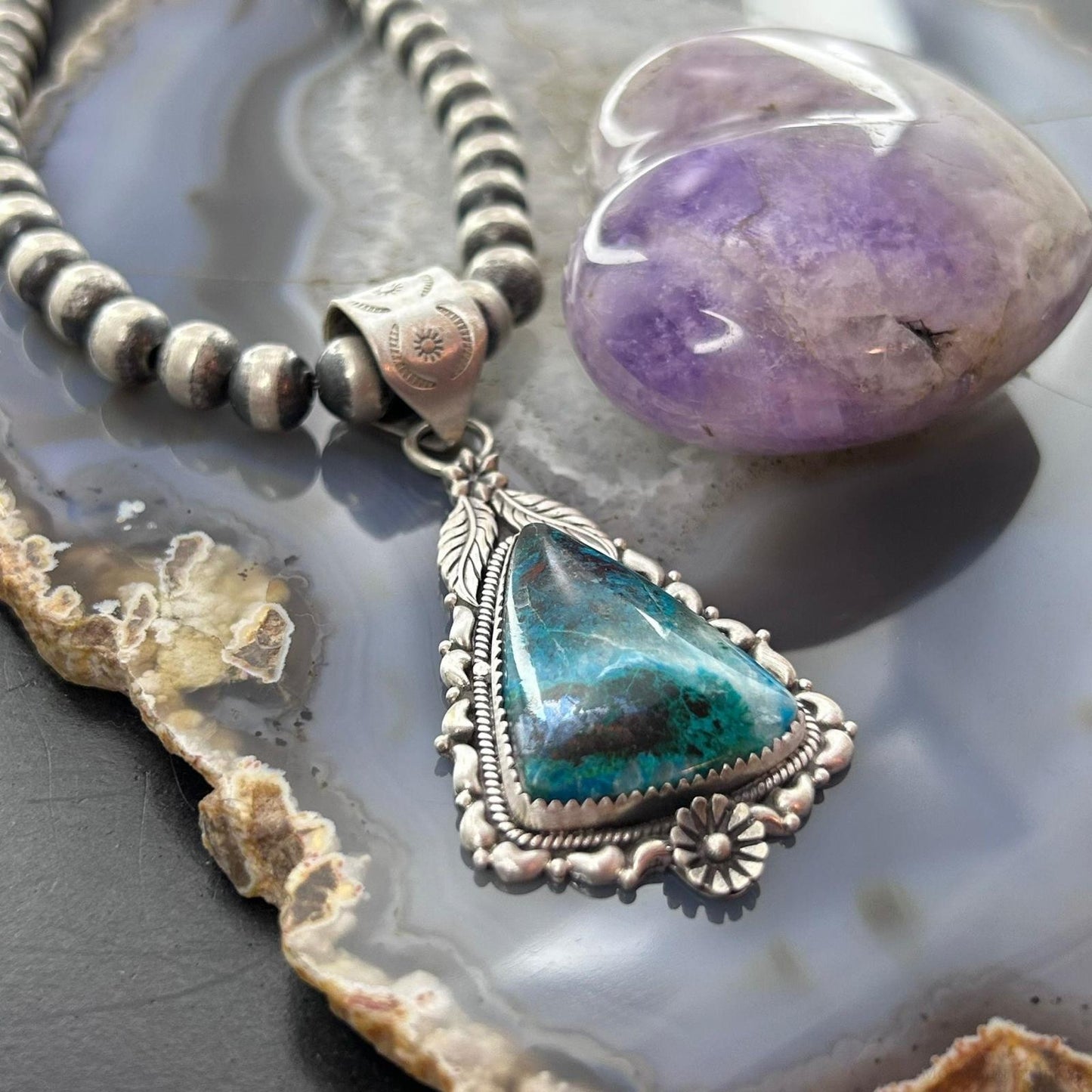 Sterling Silver Southwestern Style Triangle Shattuckite Pendant For Women