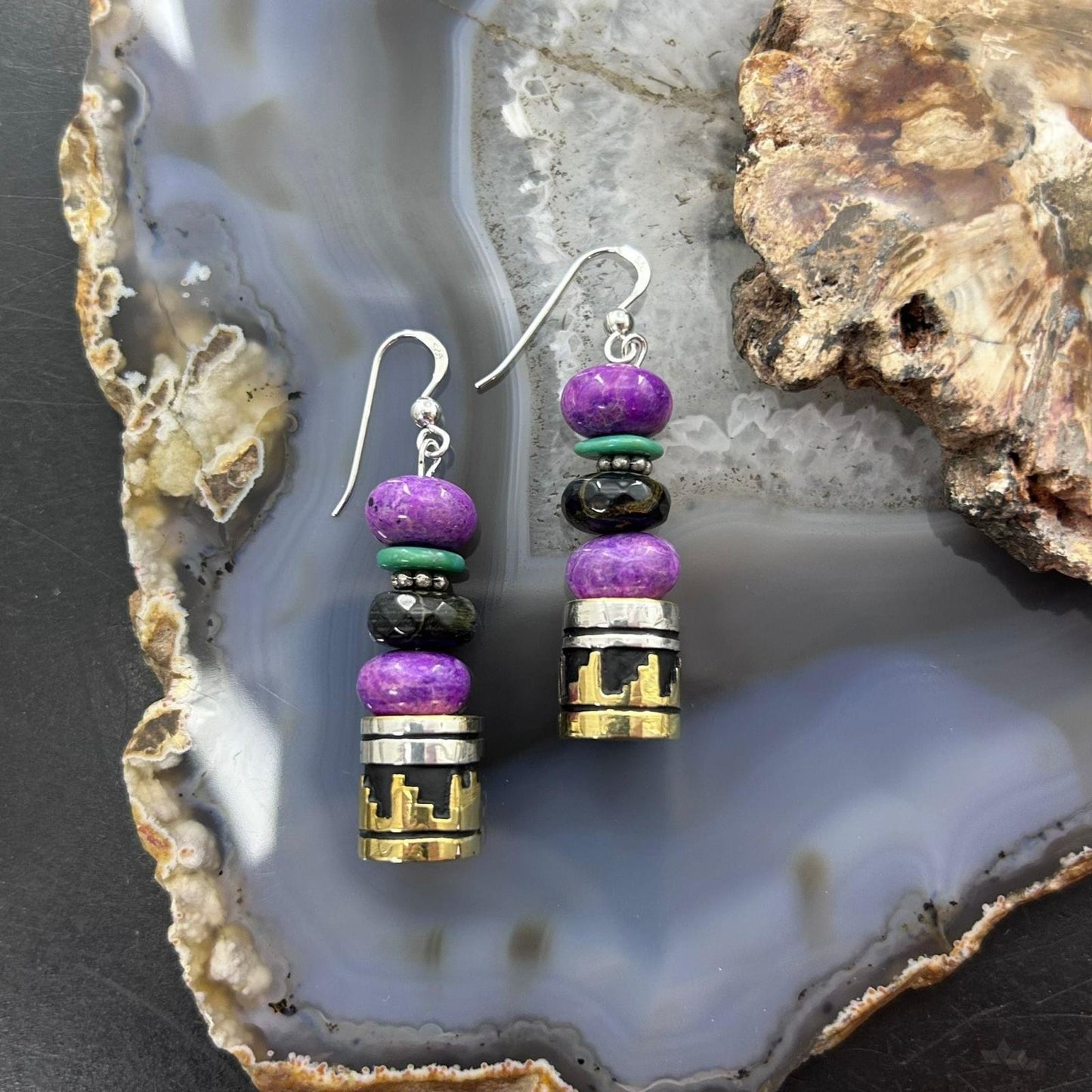 Tommy & Rosita Singer Sterling Silver Charoite & Onyx Bead Dangle Earrings For Women