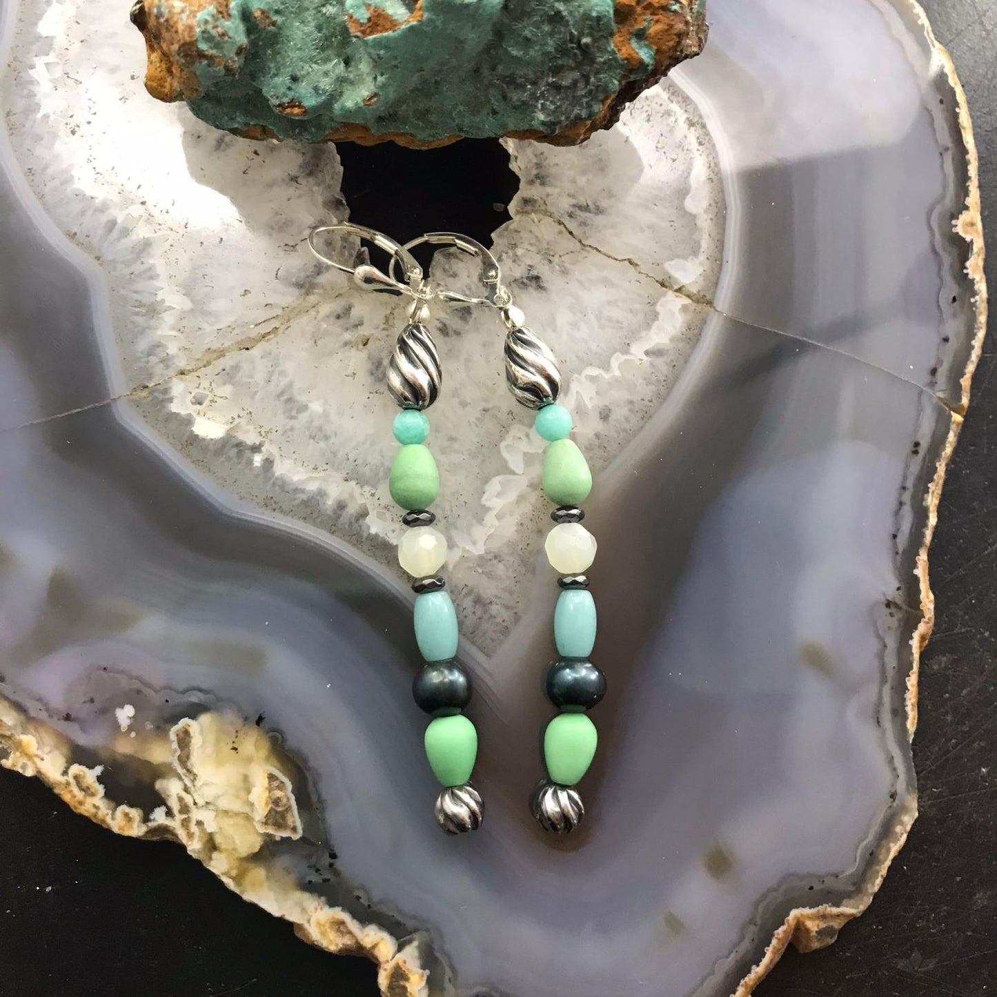 Carolyn Pollack Sterling Silver Amazonite, Variscite, Quartz & Pearl Dangle Earrings For Women