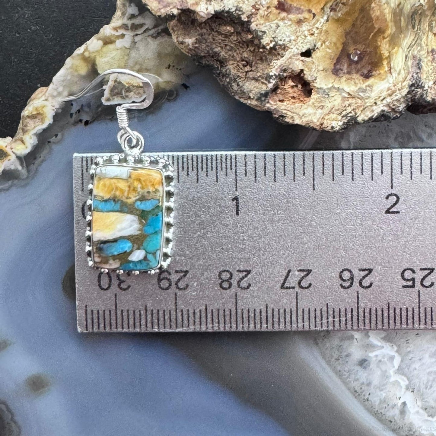 Sterling Silver Southwestern Style Rectangle Spiny Oyster Turquoise Dangle Earrings For Women