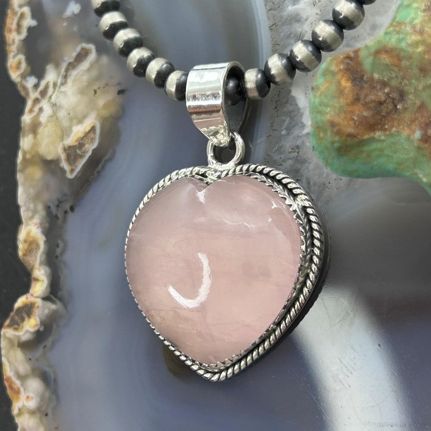 Sterling Silver Southwestern Style Rose Quartz Heart Pendant For Women