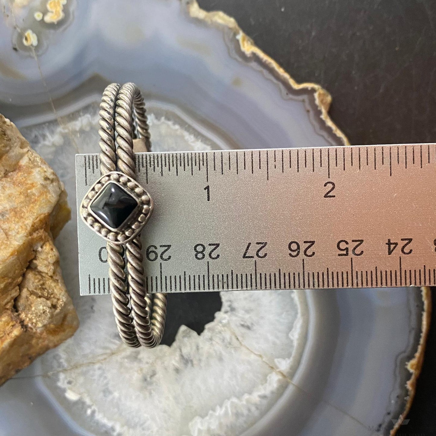 Vintage Native American Silver Square Onyx Double Coil Bracelet For Women