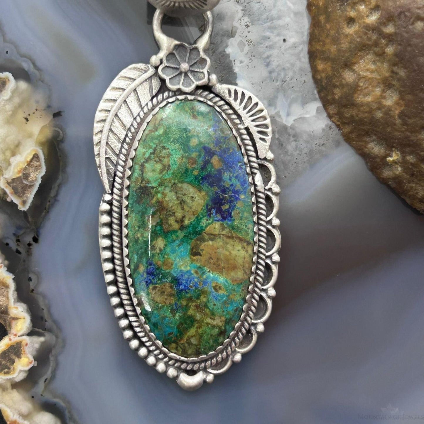 Sterling Silver Southwestern Style Elongated Chrysocolla Decorated Pendant For Women