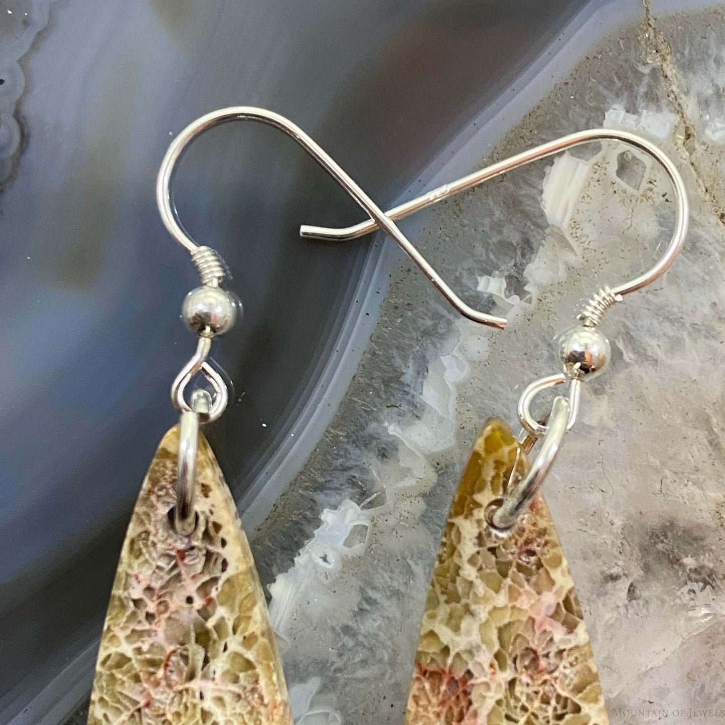 Sterling Silver Teardrop Fossilized Coral Slab Dangle Earrings For Women #056