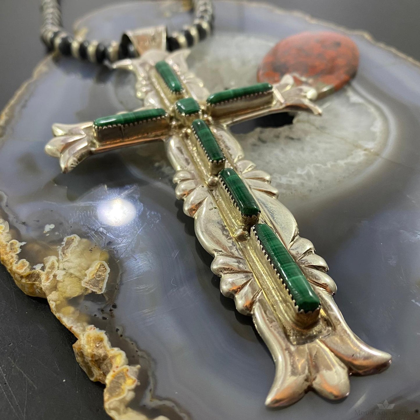 G & L Leekity Vintage Sterling Silver Sandcast Malachite Unisex Cross Pendant
