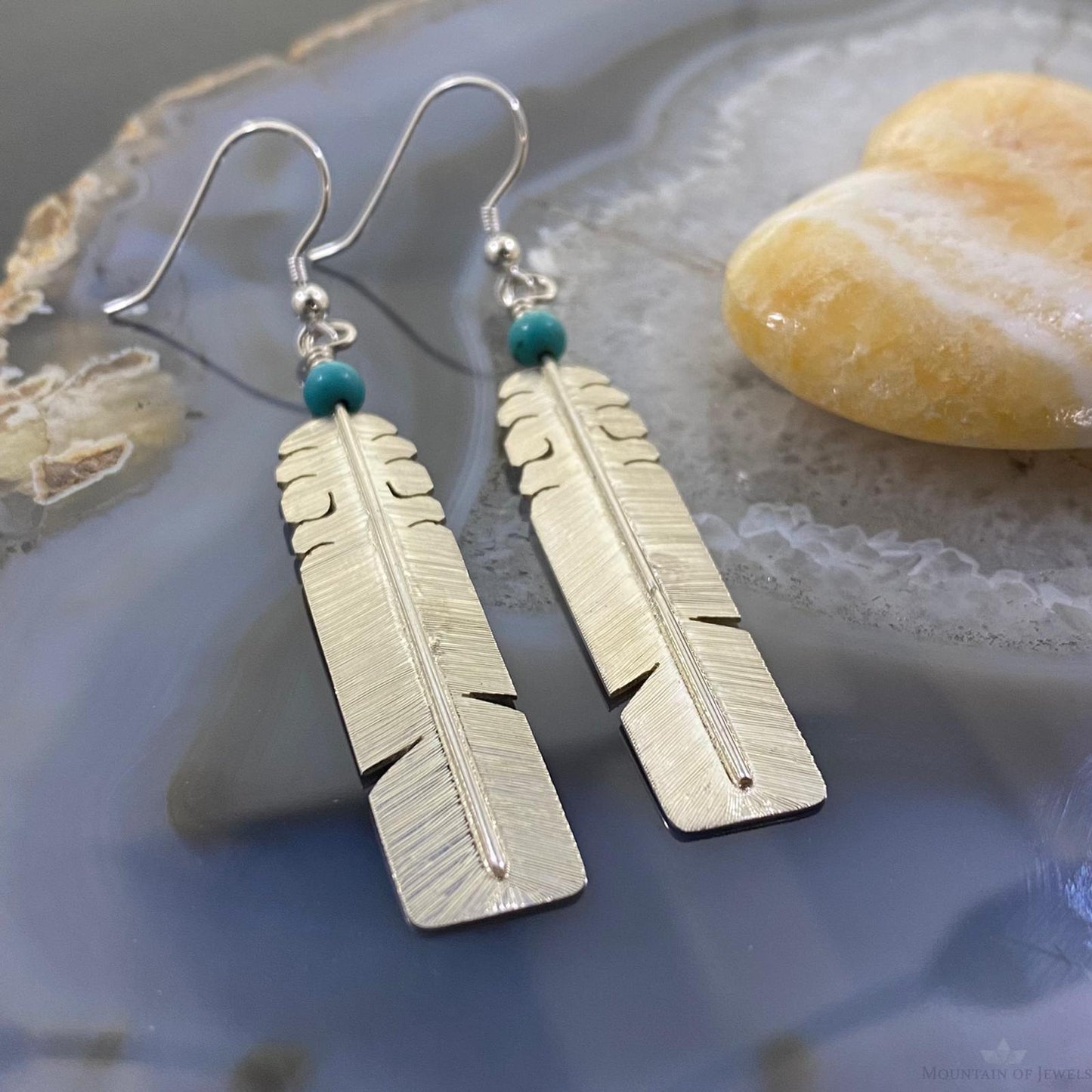 David Kuticka Native American Sterling Silver Feather w/Turq Dangle Earrings #1