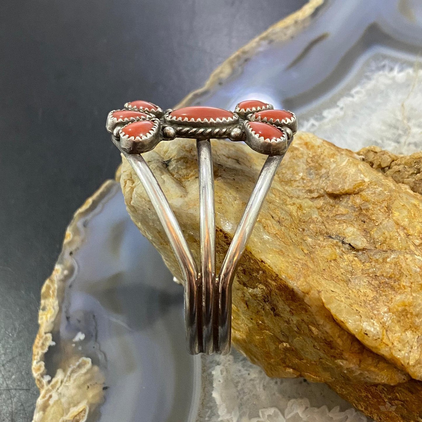 T. Yazzie Native American Sterling Coral Flower Split Shank Bracelet For Women