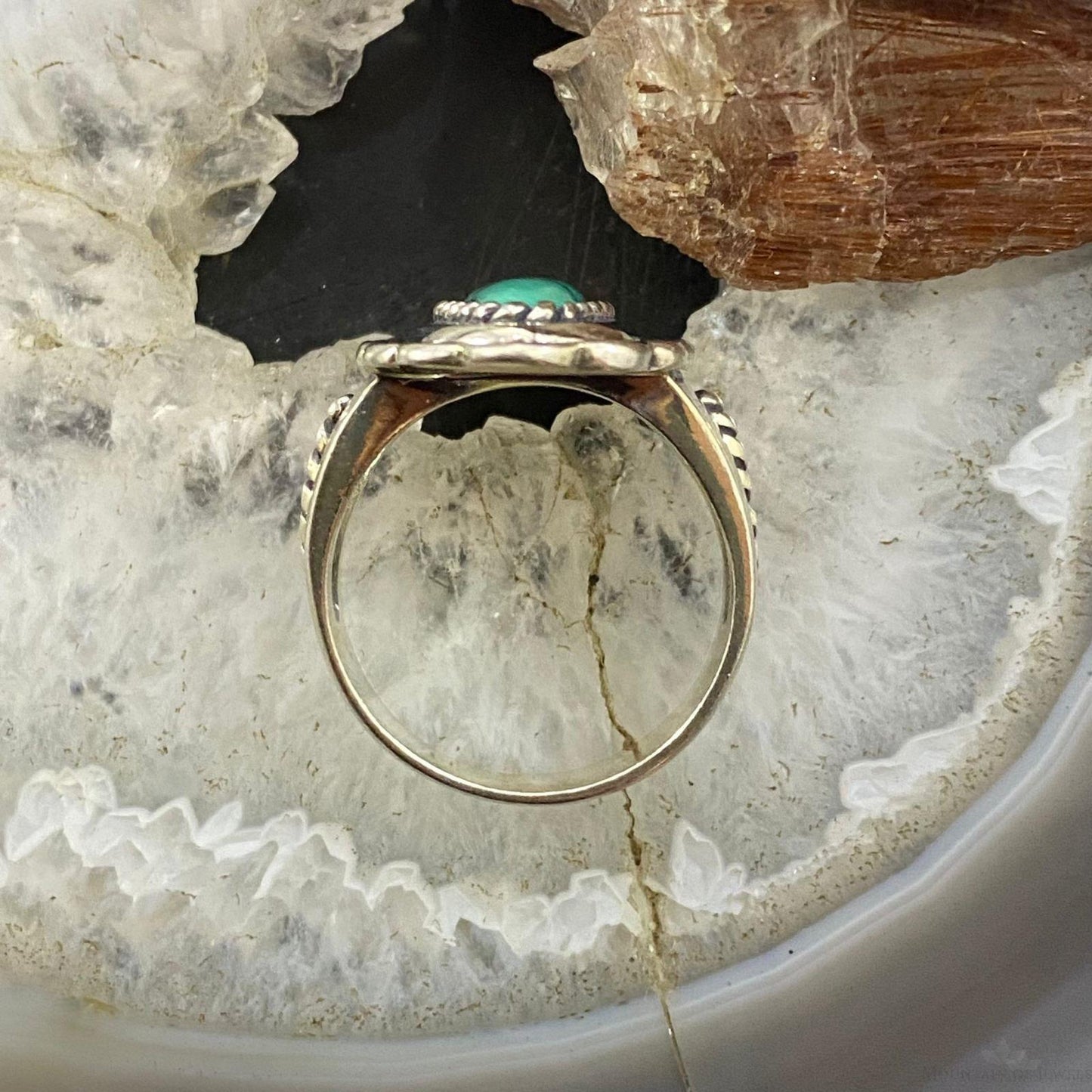 Carolyn Pollack Southwestern Style Sterling Silver Elongated Oval Turquoise Decorated Ring For Women