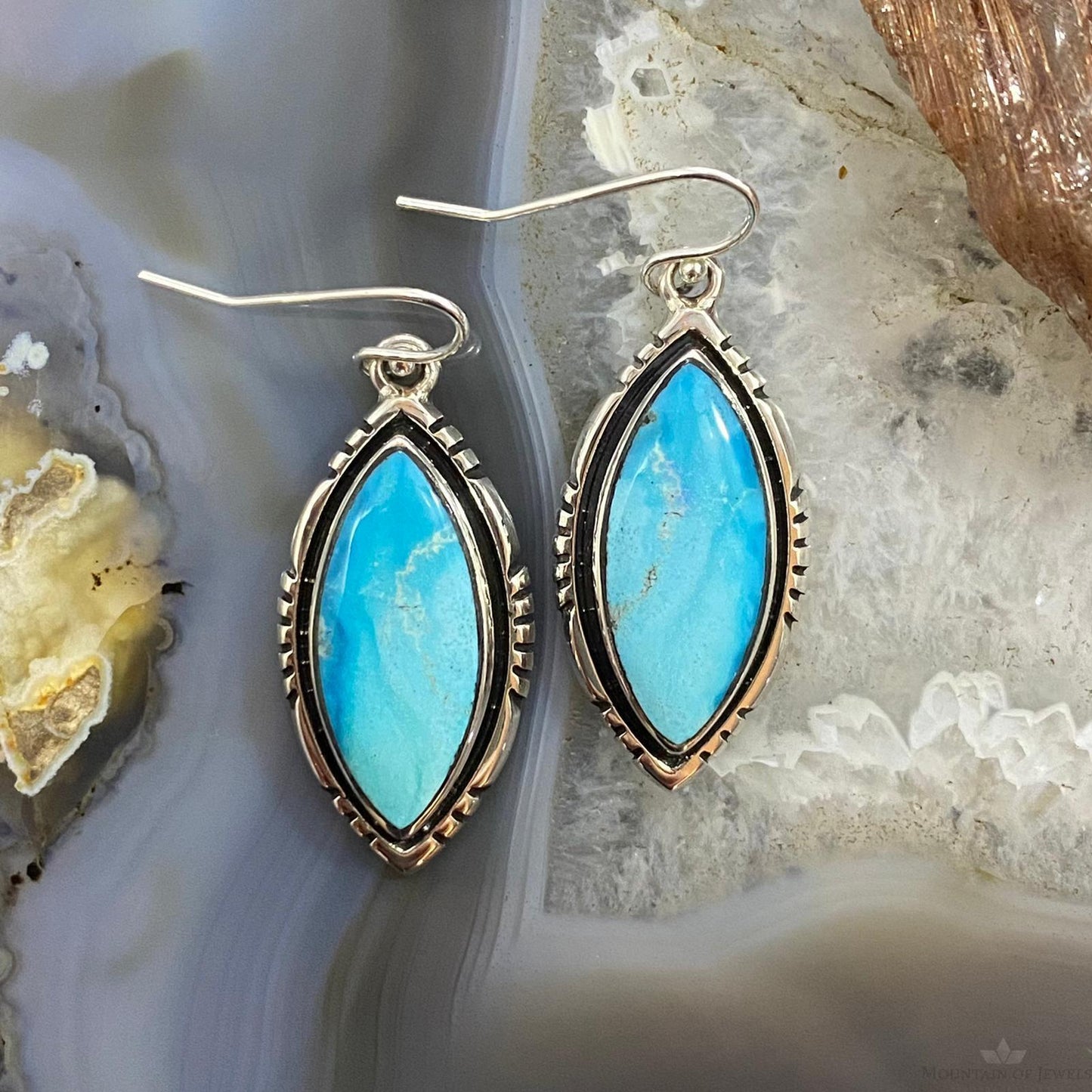 Native American Sterling Silver Marquise Blue Ridge Turquoise Dangle Earrings For Women #1