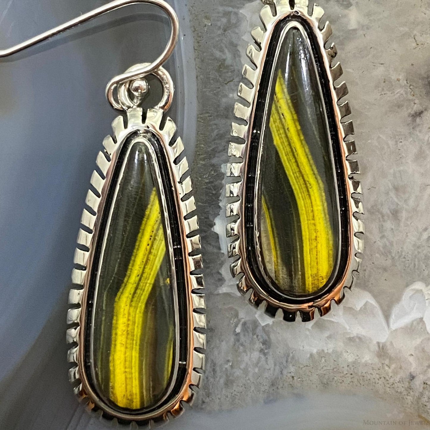 Native American Sterling Silver Teardrop Unique Bumblebee Jasper Dangle Earrings