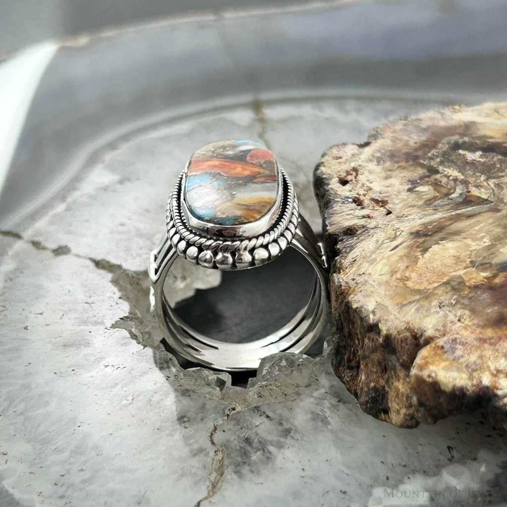 Sterling Silver Southwestern Style Oval Spiny Oyster Turquoise Ring Size 7.25 For Women
