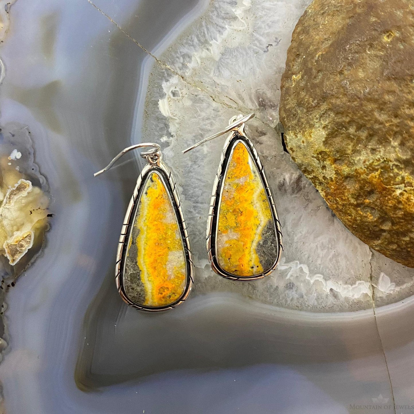 Native American Sterling Teardrop Bumblebee Jasper Dangle Earrings For Women