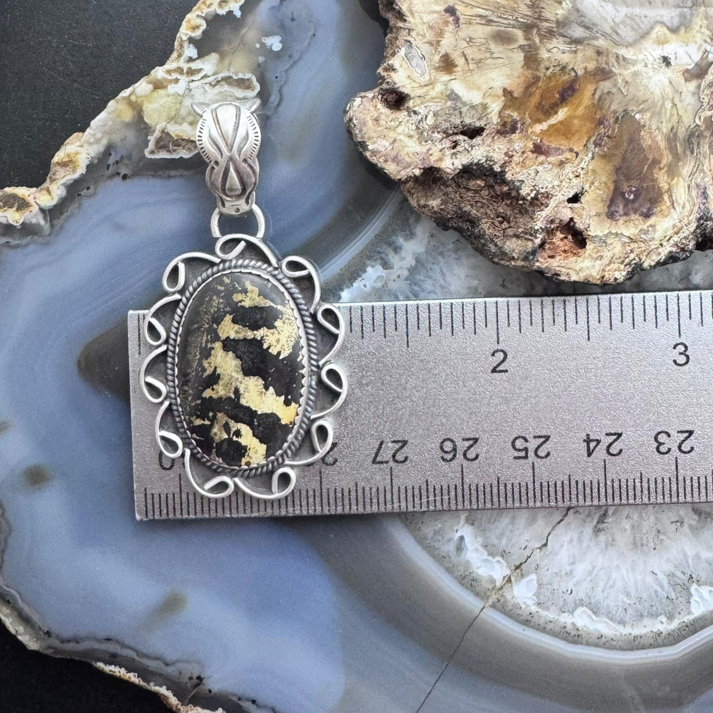 Sterling Silver Southwestern Style Oval Leopard Jasper Decorated Pendant For Women