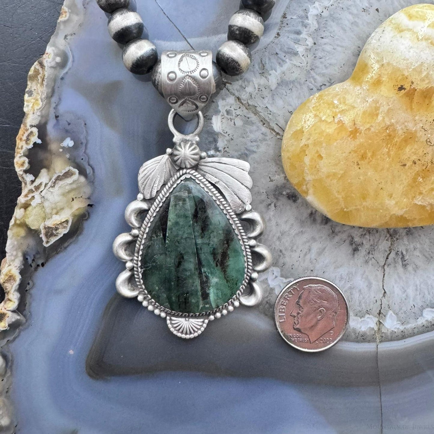 Sterling Silver Southwestern Style Teardrop Natural Emerald Decorated Pendant For Women