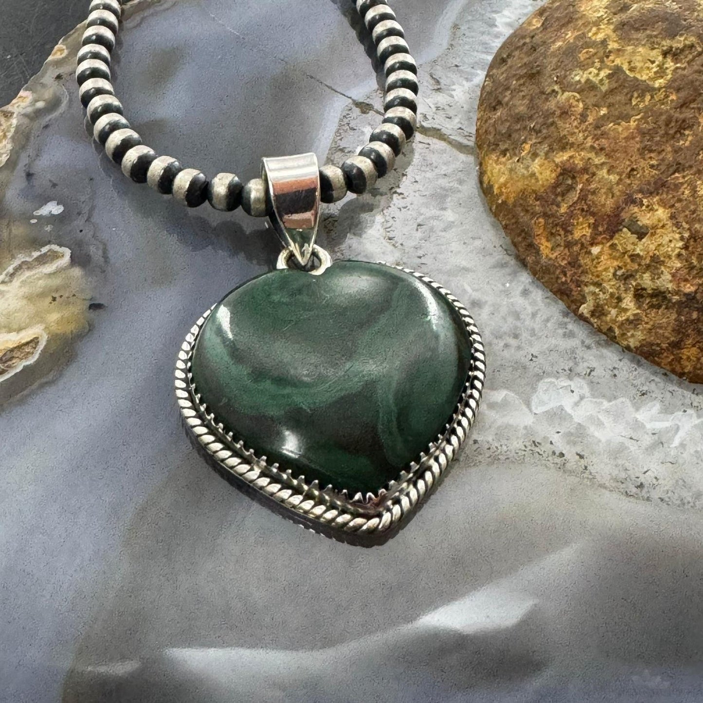 Sterling Silver Southwestern Style Malachite Heart Shape Pendant For Women